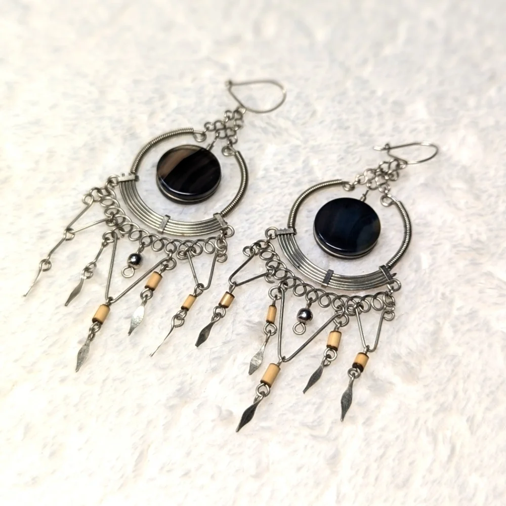 Vintage Artisan Made Sterling Silver Dream Catcher Pierced Earrings - Picture 2 of 8